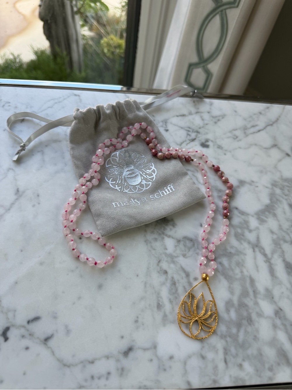 MaLyn Schiff Pink Stone Beaded Lotus Pendant Necklace